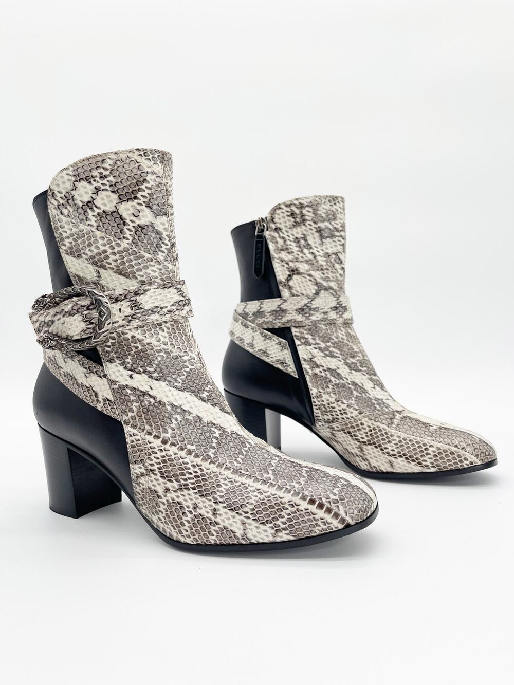 Gucci Black Genuine Snakeskin Dionysus Buckle Block Heel Ankle Boots IT 38.5
